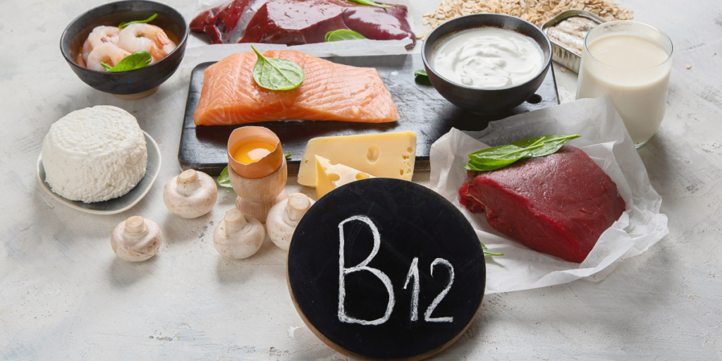 B12 vitamini içeren besinler (mantar, karaciğer, kırmızı et, balık, yoğurt, yumurta, süt, penir, yulaf)