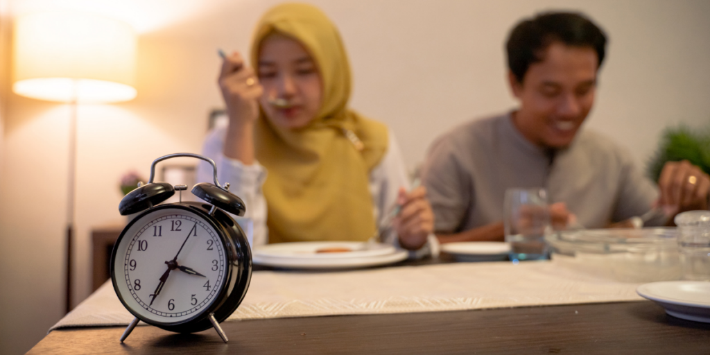 Sahur vaktini temsil eden bir görsel, çalar saat ve aile sofrası